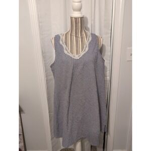 Miss Elaine Classics Cotton Nightgown Blue White Lace Sleeveless XL Cottagecore